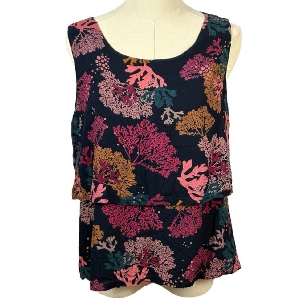 Thien Kim New Fashion Navy Layered, Cropped Tank w/ Botanical Print‎ (XXL)